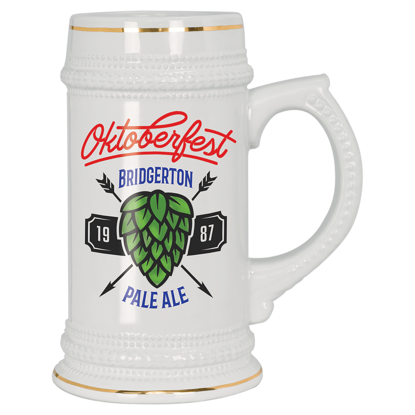 Personalized 18 oz. white ceramic beer stein with gold trim and custom full-color photo or design