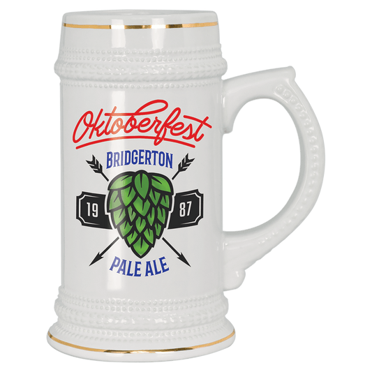 Personalized 18 oz. white ceramic beer stein with gold trim and custom full-color photo or design