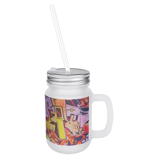 Personalized 12 oz. frosted glass mason jar with metal lid and straw, custom full-color design