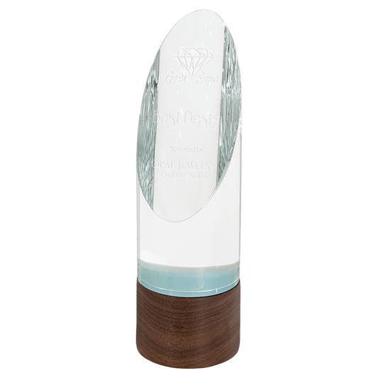 9" Cylinder Sierra Glass with Walnut Base glass award laser engravable