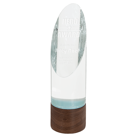 9 3/4" Cylinder Sierra Glass with Walnut Base glass award laser engravable