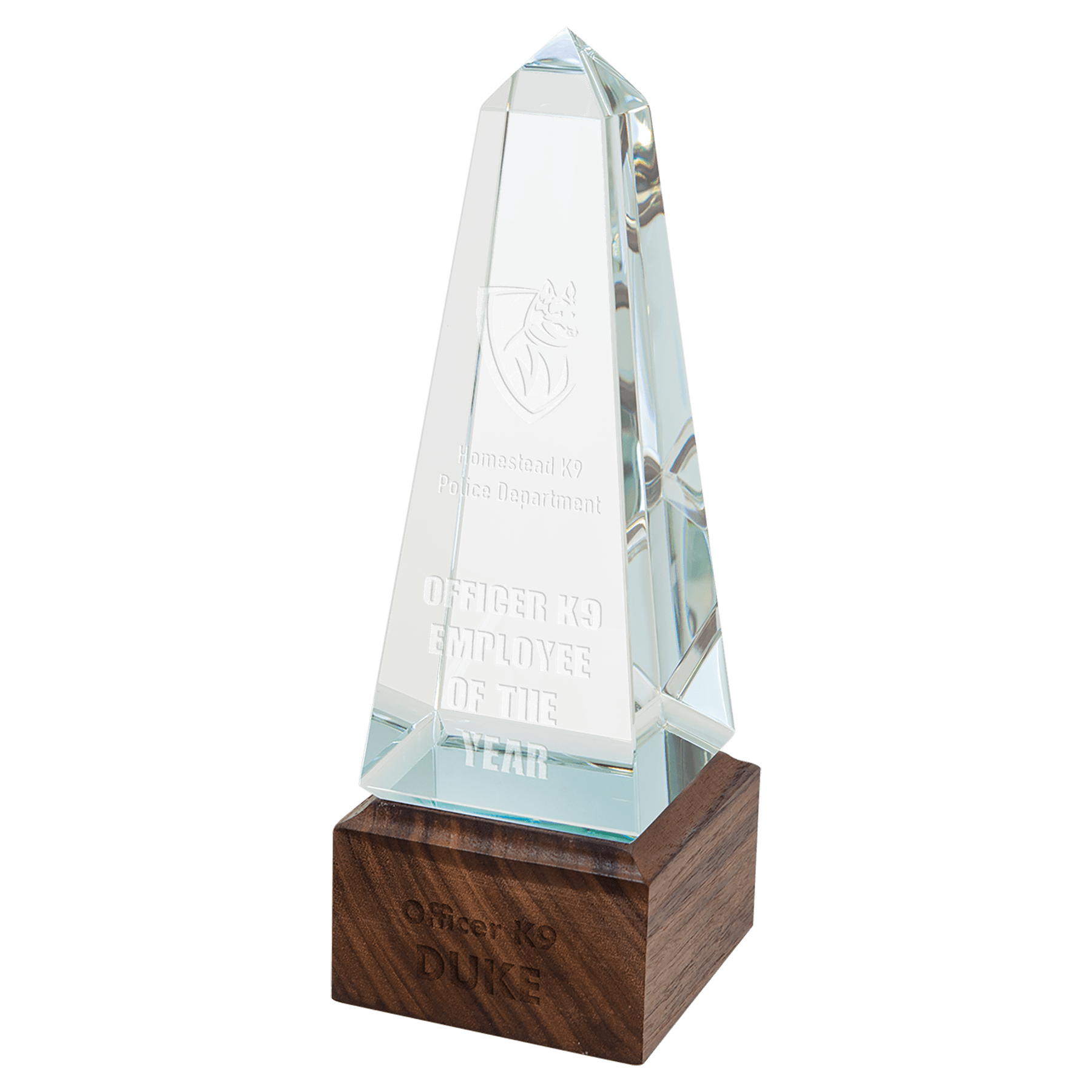 9" Obelisk Sierra Glass with Walnut Base glass award laser engravable