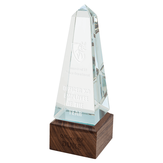 9" Obelisk Sierra Glass with Walnut Base glass award laser engravable