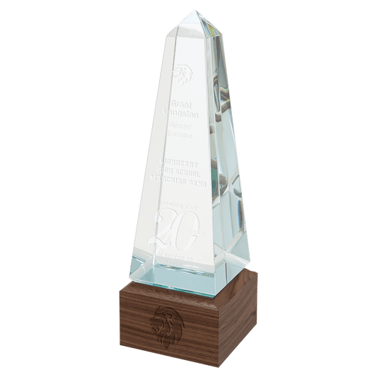9 3/4" Obelisk Sierra Glass with Walnut Base glass award laser engravable