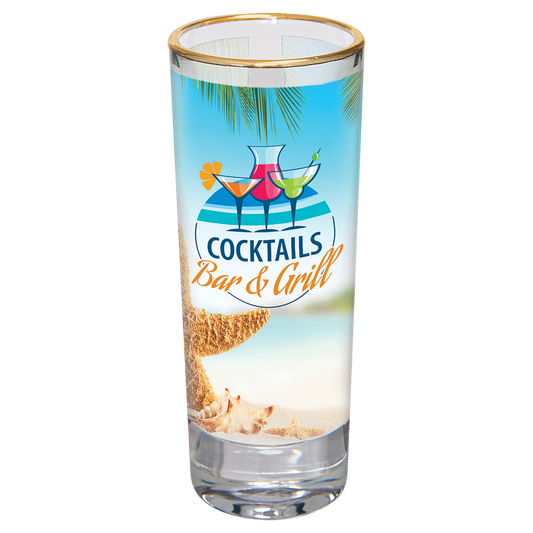Personalized 2.5 oz. glass shooter with gold rim and custom full-color design or photo