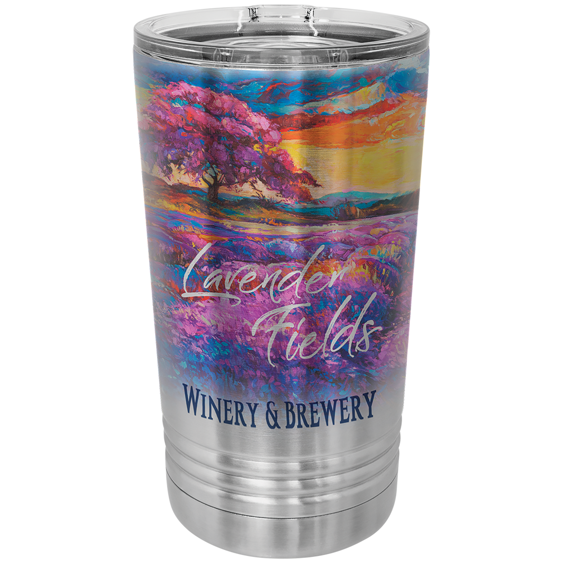 Personalized 16 oz. insulated stainless steel pint with slider lid and custom full-color design