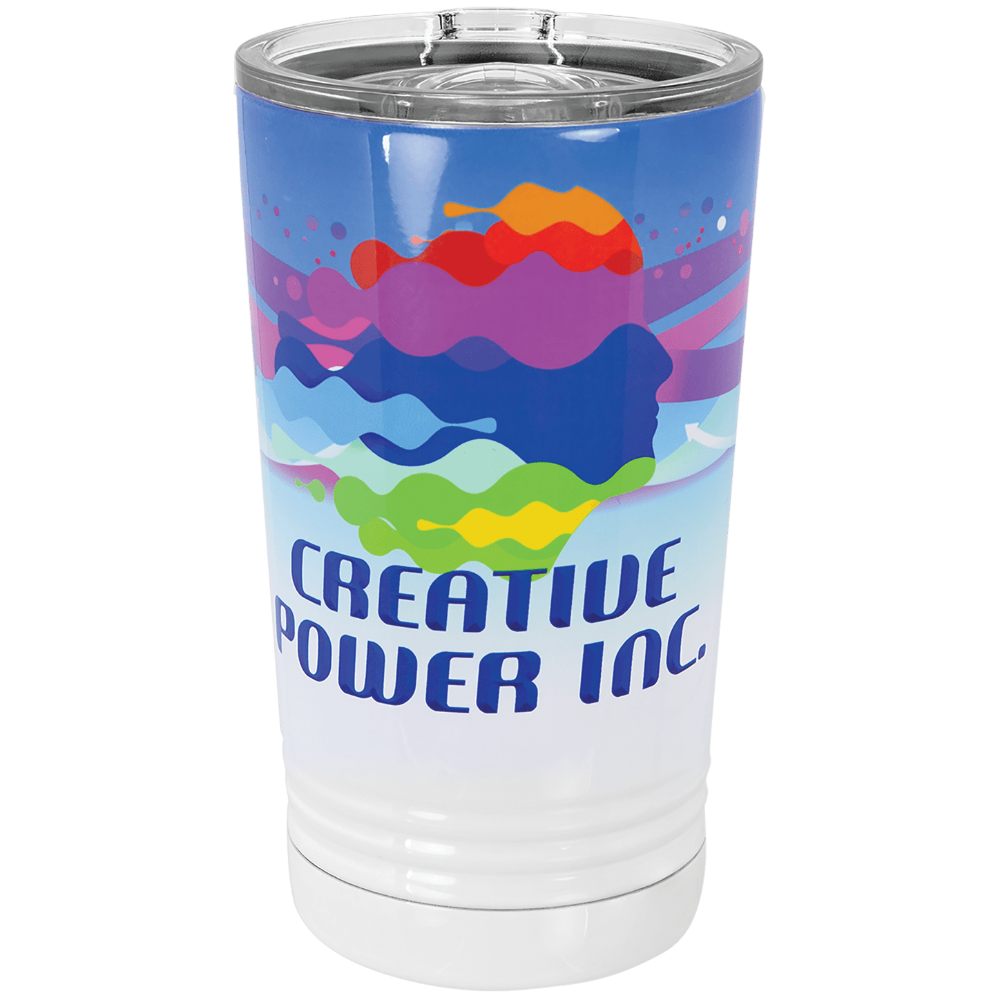 Personalized 16 oz. insulated stainless steel pint with slider lid and custom full-color design