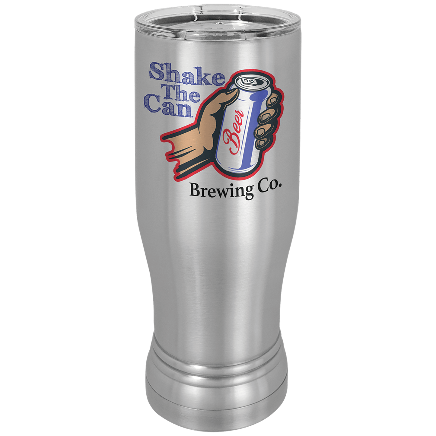 Personalized 14 oz. insulated stainless steel pilsner with clear lid and custom full-color photo or design