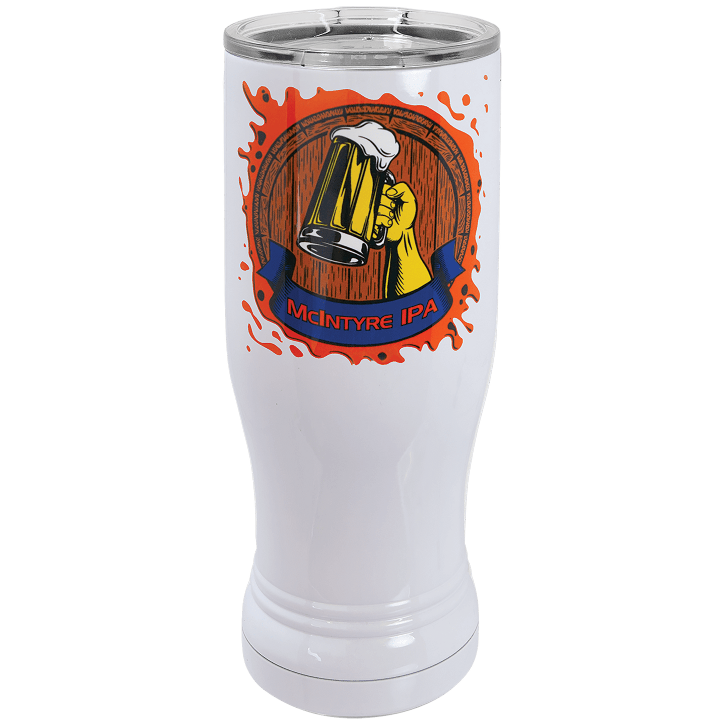 Personalized 14 oz. insulated stainless steel pilsner with clear lid and custom full-color photo or design