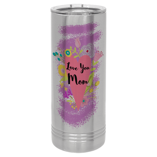 Personalized 22 oz. skinny stainless steel tumbler with slider lid and custom engraved name or message