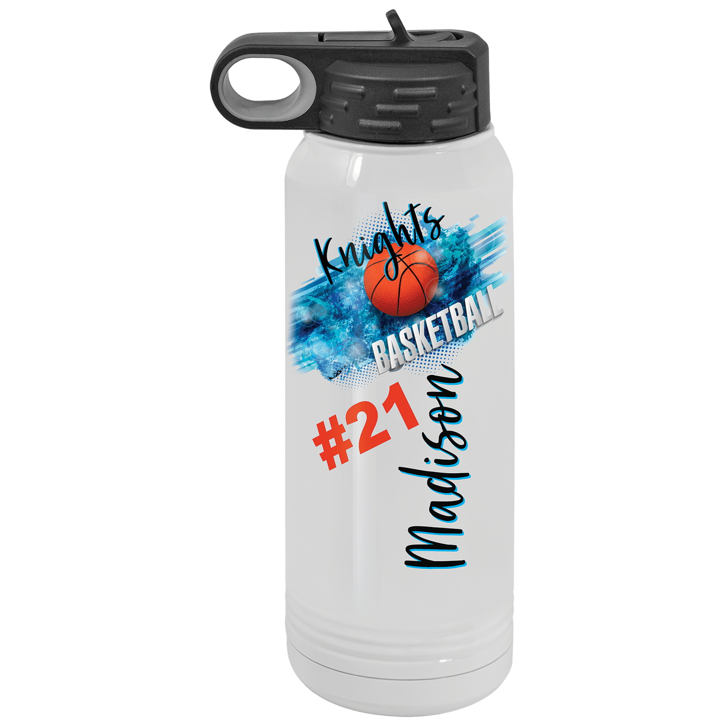 Personalized 30 oz. white insulated water bottle with flip-top lid and custom full-color photo or design
