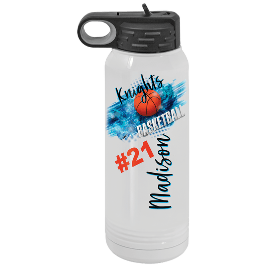 Personalized 30 oz. white insulated water bottle with flip-top lid and custom full-color photo or design