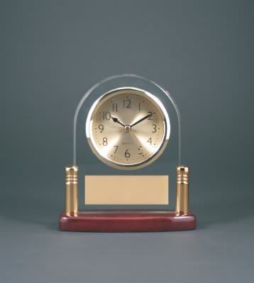 6 1/2" Arch Glass Desk Clock with Metal Posts & Rosewood Piano Finish laser engravable