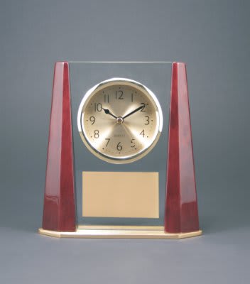 7" Glass Desk Clock with Rosewood Finish Bevel Columns laser engravable