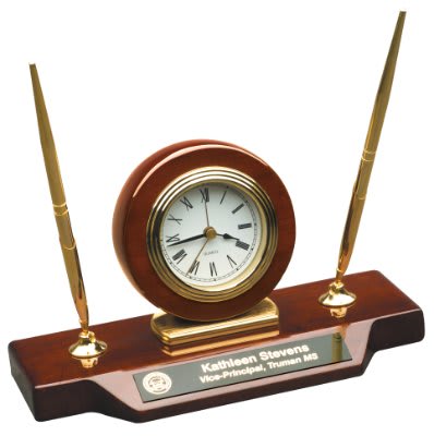 9" x 4 3/4" Piano Finish Desk Clock on Base with 2 Pens laser engravable