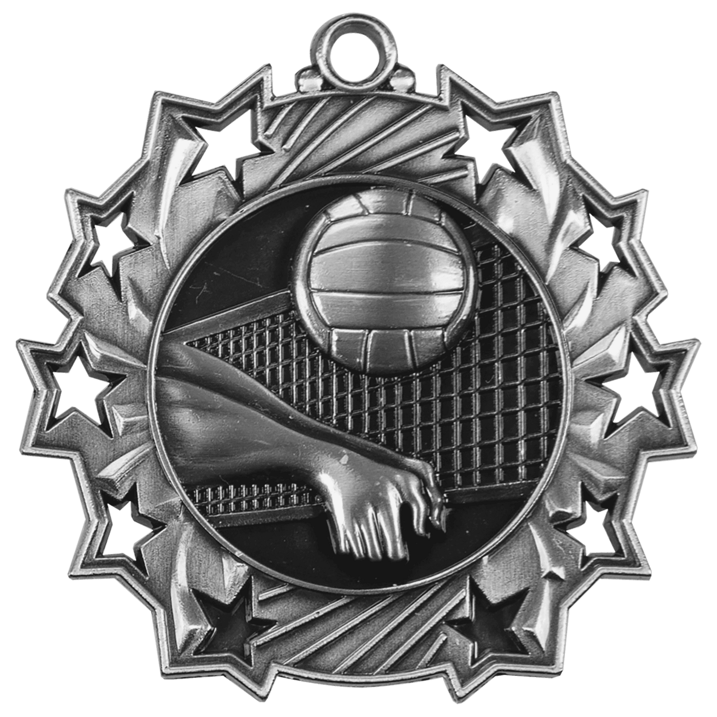 Antique Silver 2 1/4" Volleyball Ten Star Medal