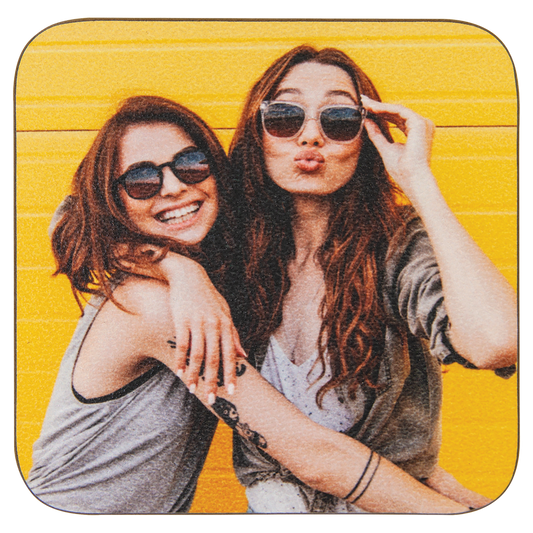 Personalized 3.5 inch square textured white hardboard coaster with custom full-color photo or design