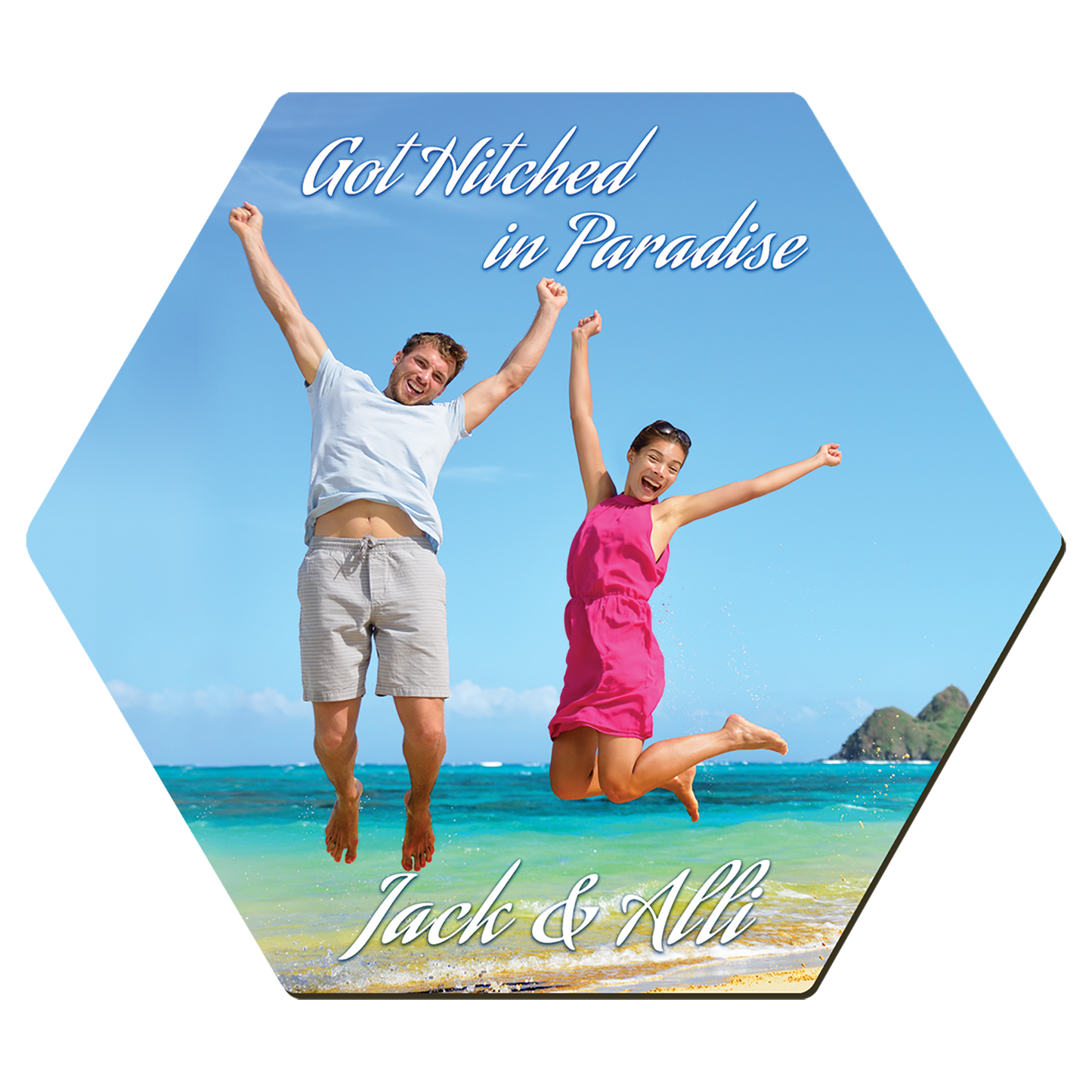 Personalized hexagon gloss white hardboard coaster with cork back and custom full-color photo or design