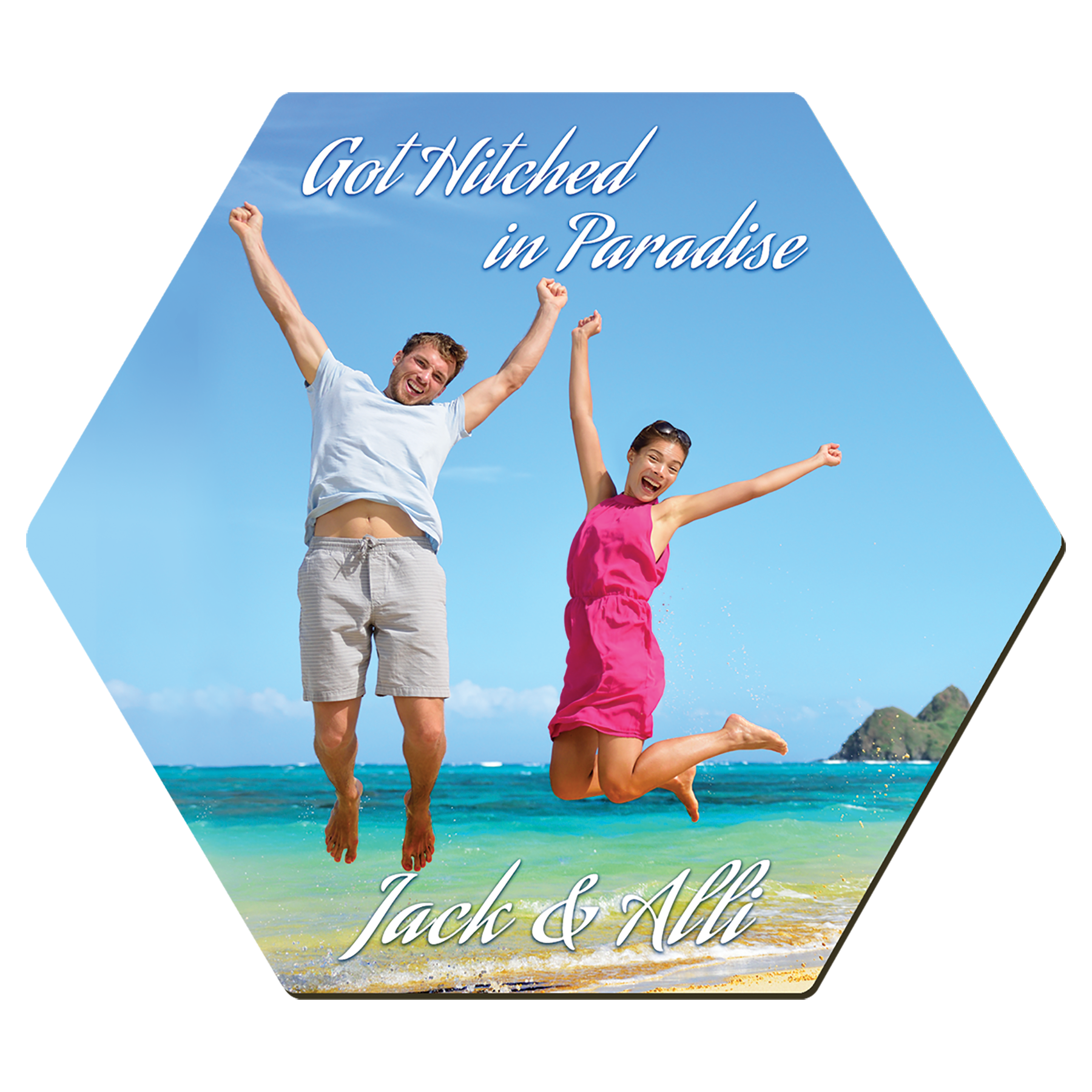 Personalized hexagon gloss white hardboard coaster with cork back and custom full-color photo or design