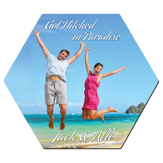 Personalized hexagon gloss white hardboard coaster with cork back and custom full-color photo or design