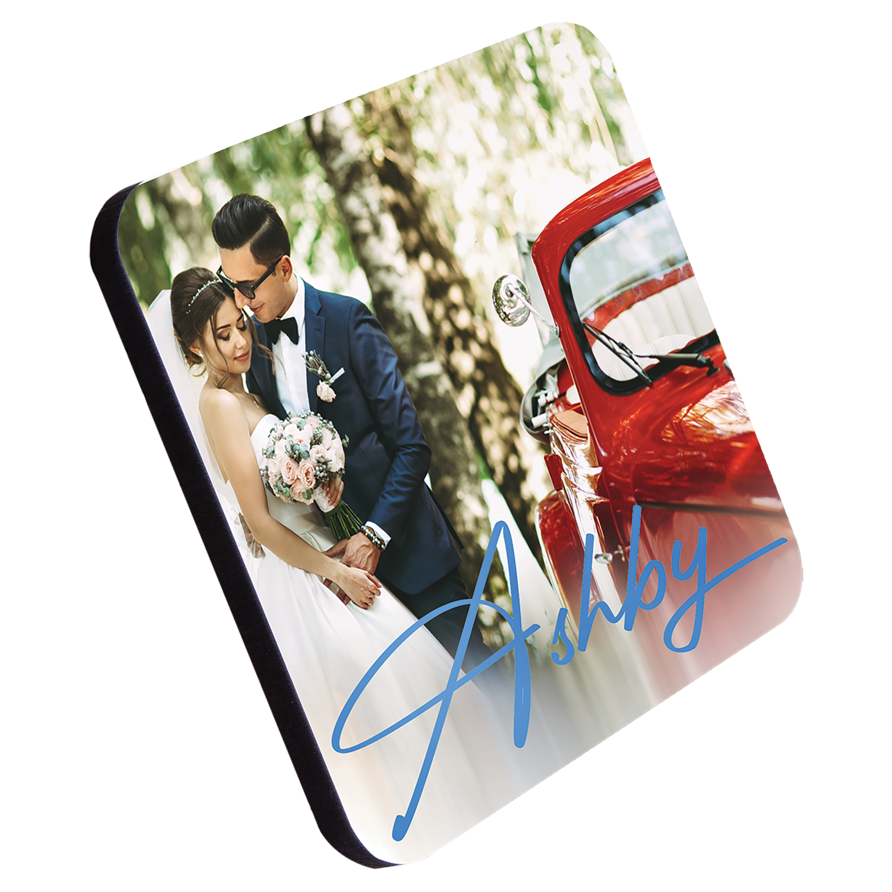 Personalized 3.78 inch square coaster with cork backing and custom engraved name, monogram or design