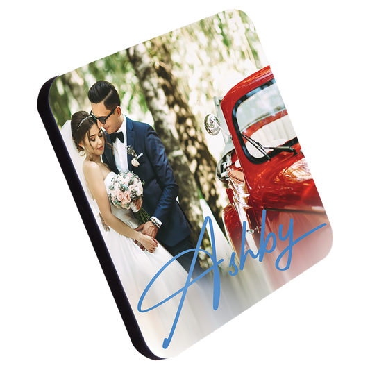 Personalized 3.78 inch square coaster with cork backing and custom engraved name, monogram or design