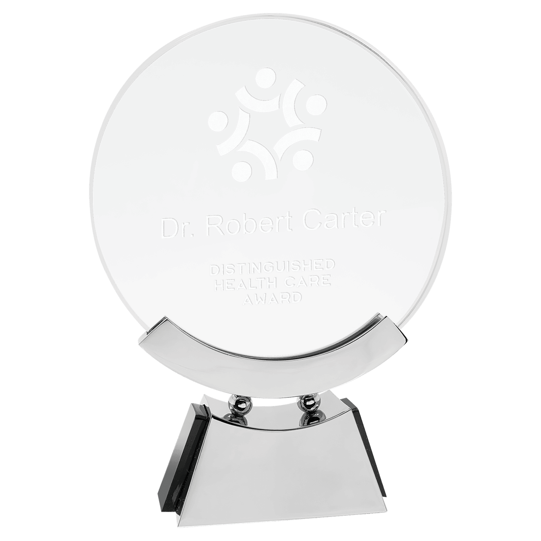 7 3/4" Round Voyager Glass with Silver/Black Base crystal award laser engravable