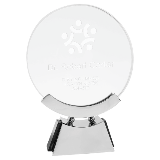 7 3/4" Round Voyager Glass with Silver/Black Base crystal award laser engravable