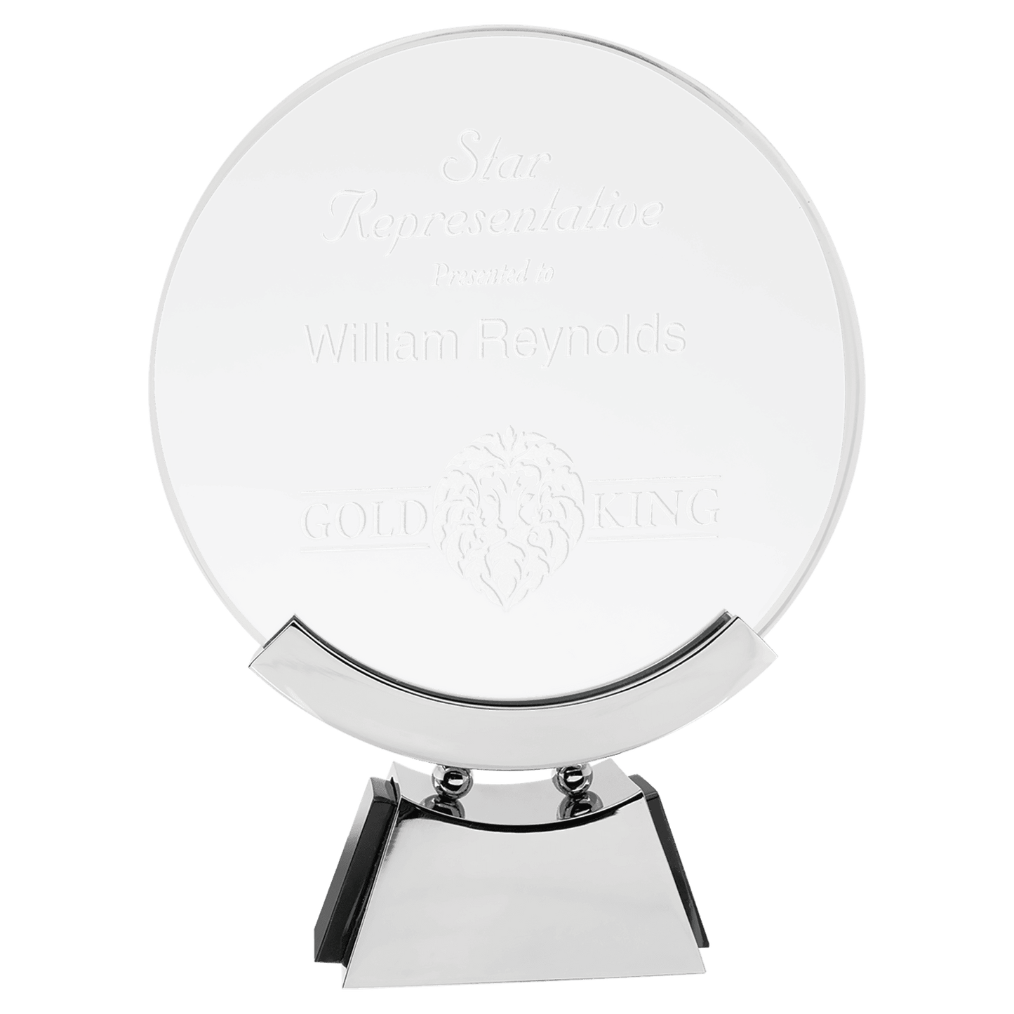 8 1/2" Round Voyager Glass with Silver/Black Base crystal award laser engravable
