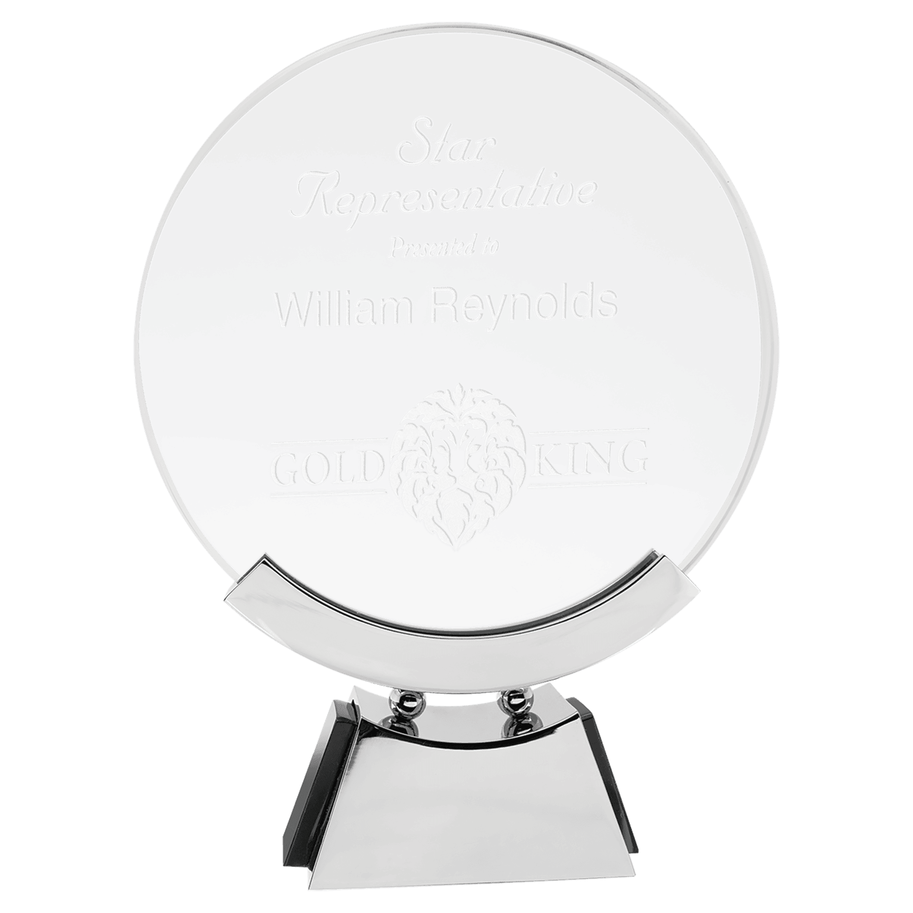 8 1/2" Round Voyager Glass with Silver/Black Base crystal award laser engravable