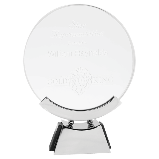 8 1/2" Round Voyager Glass with Silver/Black Base crystal award laser engravable