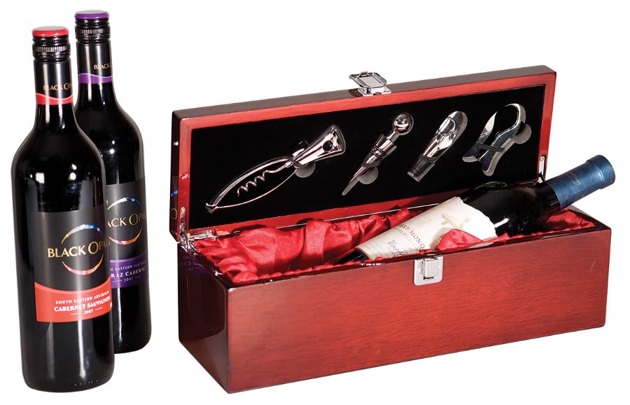 Personalized rosewood piano finish wine gift box with tools and red satin lining, custom engraved name