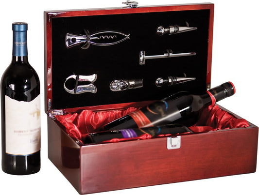 Personalized rosewood piano finish double bottle wine gift box with tools and red satin lining
