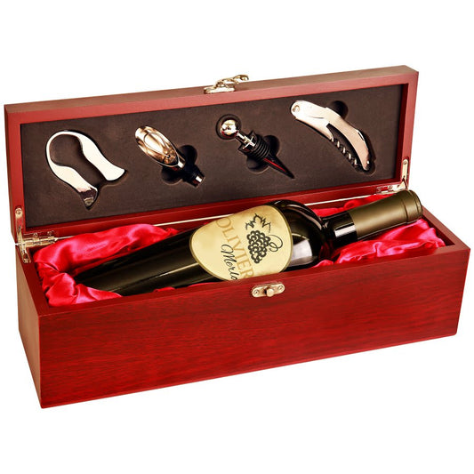 Personalized rosewood finish wine gift box with tools and red satin lining, custom engraved name