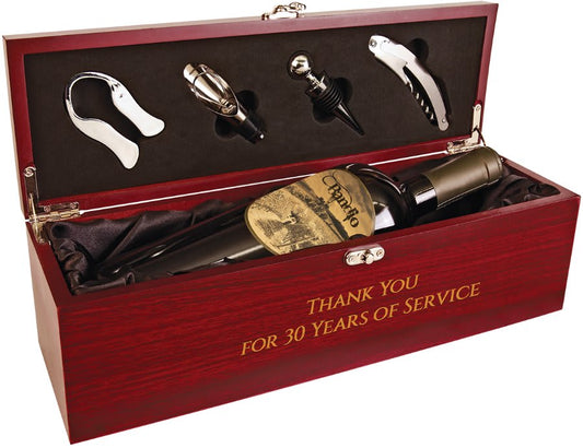 Personalized rosewood finish wine gift box with tools and black satin lining, custom engraved name