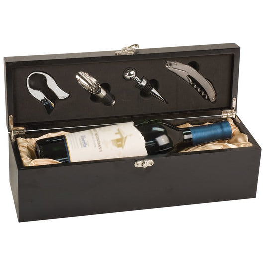 Personalized matte black wine gift box with tools and custom engraved name or monogram