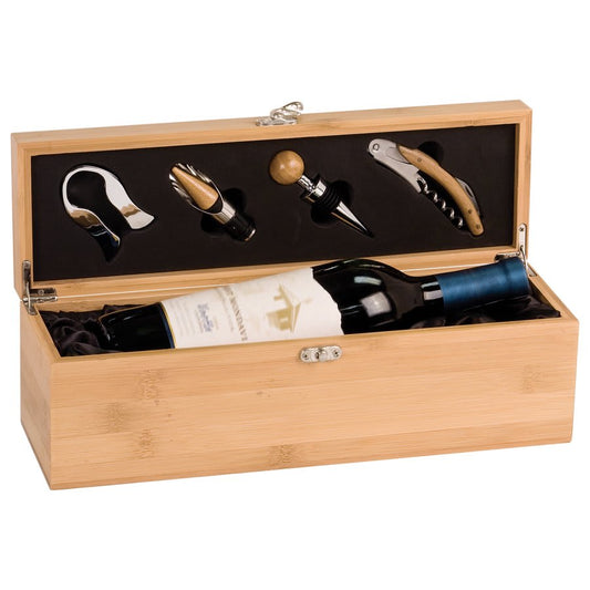 Personalized bamboo single wine gift box with tools and custom engraved name or monogram