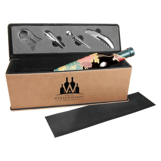 Personalized leatherette single wine gift box with tools and custom engraved name or monogram