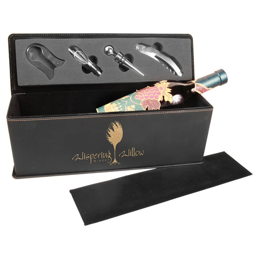 Black/Gold " laser engravable leatherette wine tool set personalized gift