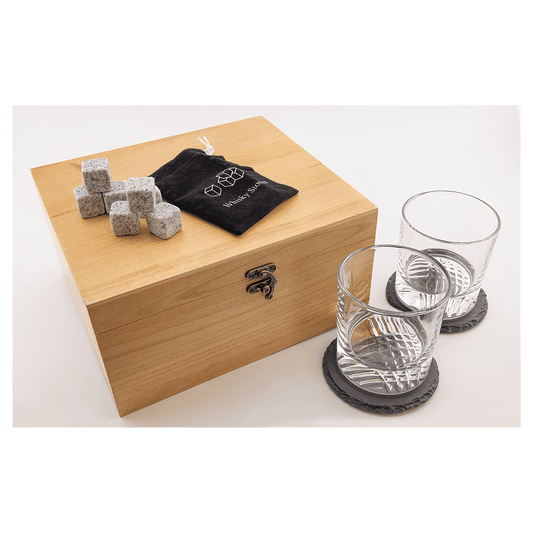 9 1/2" x 8 1/4" Red Alder Whiskey Set with Two 9 oz. Glasses, Two 4" Slate Coasters and Eight Granite Whiskey Stones with a Black Velvet Bag.