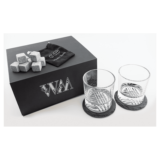 9 1/2" x 8 1/4" LazerBurst Whiskey Set with Two Glasses, Two 4" Slate Coasters, and Eight Granite Whiskey Stones