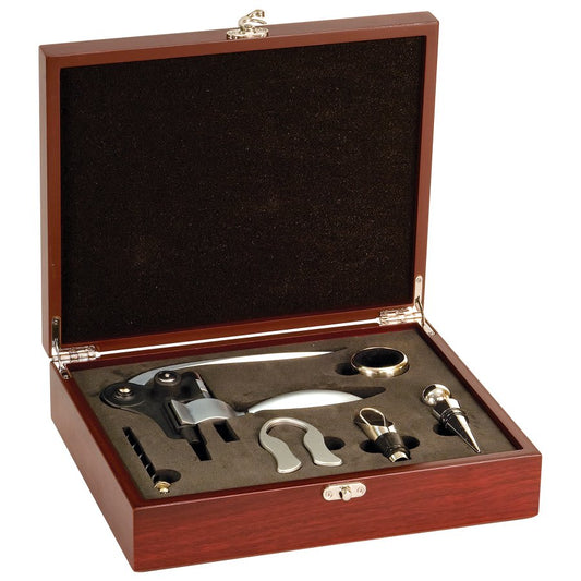 Personalized rosewood 5-piece wine tool gift set with custom engraved name or message on case