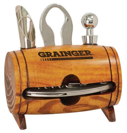 Personalized barrel-shaped 4-piece wine tool set with custom engraved name or monogram