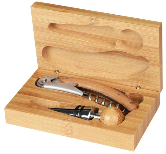 Personalized bamboo 2-piece wine tool set with corkscrew and stopper, custom engraved name on case
