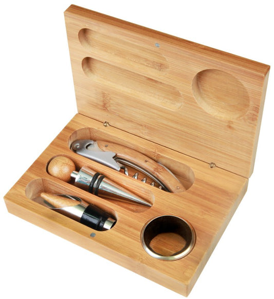 Personalized bamboo 4-piece wine tool set with custom engraved name or design on case