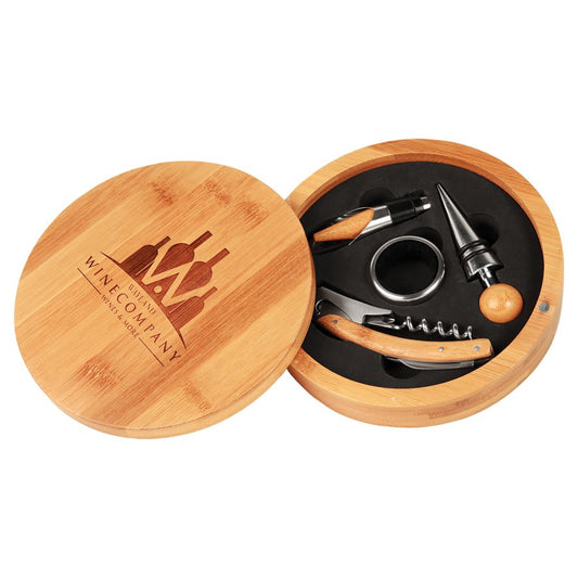 Personalized round bamboo 4-piece wine tool set with custom engraved name or design on case