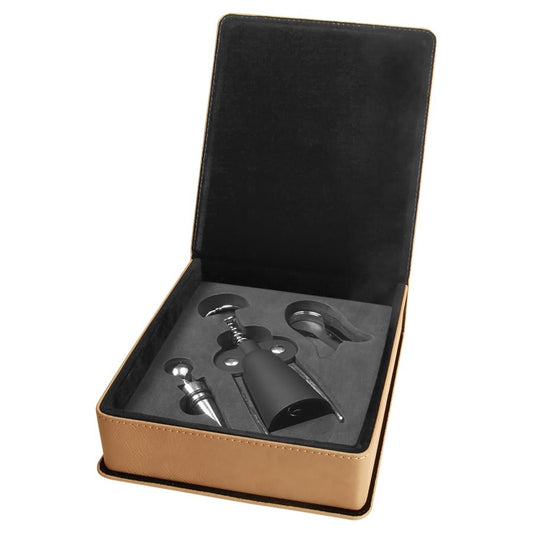 Light Brown " laser engravable leatherette wine tool set personalized gift