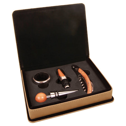 Personalized leatherette 4-piece wine tool set with custom engraved name or monogram on case