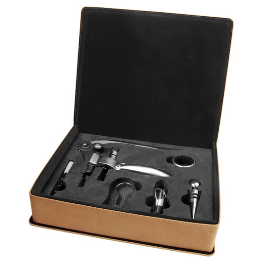 Personalized 5-piece leatherette wine tool gift set with custom engraved name or monogram on case